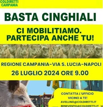Emergenza cinghiali, venerdì mobilitazione Coldiretti Campania dinanzi la sede della Regione