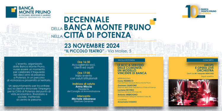La Banca Monte Pruno celebra il 23 novembre 2024 i dieci anni di presenza a Potenza presso “Il Piccolo Teatro”