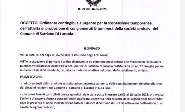 Satriano di Lucania, sospesa attività dell’impianto bituminoso: ordinanza urgente del Sindaco