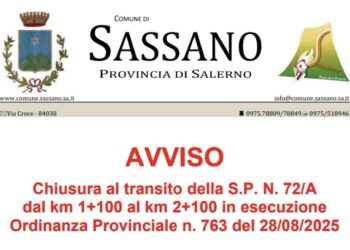 Chiusura temporanea della S.P. 72/A tra Monte San Giacomo e Sassano per lavori di messa in sicurezza