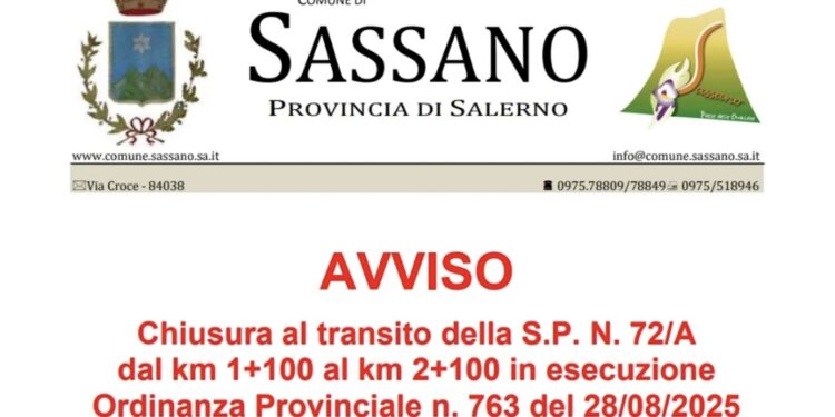 Chiusura temporanea della S.P. 72/A tra Monte San Giacomo e Sassano per lavori di messa in sicurezza