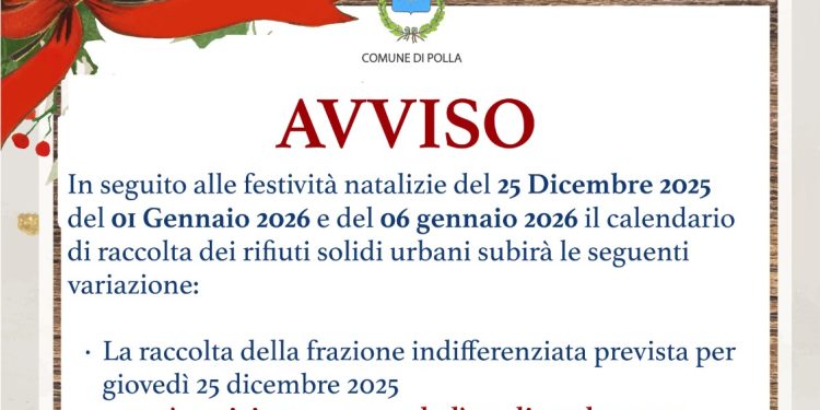 Festività natalizie 2025/2026: variazioni al calendario della raccolta rifiuti a Polla