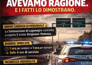 Polstrada di Lagonegro chiamata a coprire Sicignano–Potenza: per i sindacati è l’ennesima prova della carenza di organico