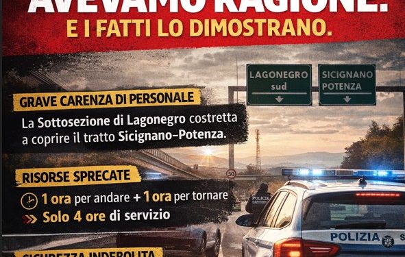 Polstrada di Lagonegro chiamata a coprire Sicignano–Potenza: per i sindacati è l’ennesima prova della carenza di organico