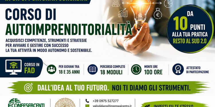 Confesercenti Vallo di Diano informa: Resto al Sud 2.0, al via le iscrizioni al corso di Autoimprenditorialità