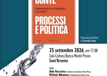 La Banca Monte Pruno presenta il nuovo libro di Carmelo Conte: appuntamento venerdì 25 settembre a Sant’Arsenio